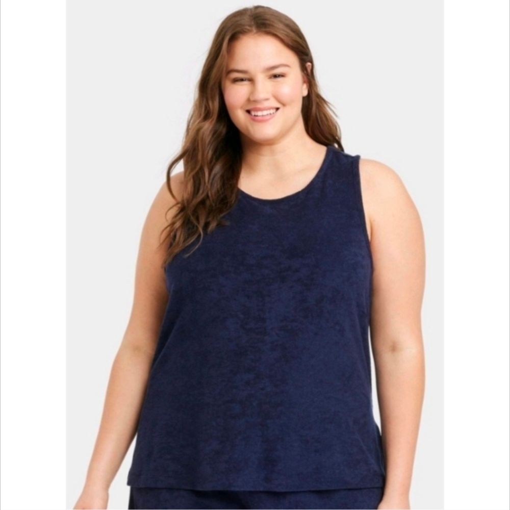 A New Day Tank 3X Navy Blue Terry Plus Top Cut in Sleeves Athleisure Basic
